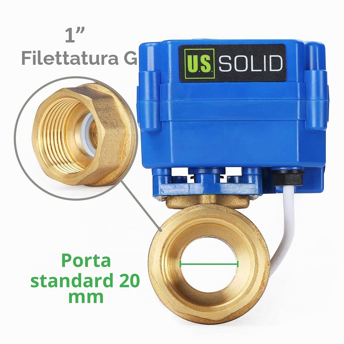 U.S. Solid Valvola a sfera motorizzata 1" in ottone – Porta standard, 9-24V AC/DC, 2 fili, ritorno automatico, normalmente aperta