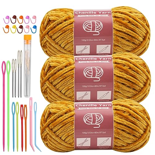 Image of LUNARM Chenille Yarn 3 Pack 3.5oz Chunky Blanket Velvet Yarn 263 Yard | Deep Yellow Chunky Chenille Yarn for Beginners Crocheting Hand Knitting Scarves with Big Eye Needles Machine Washable