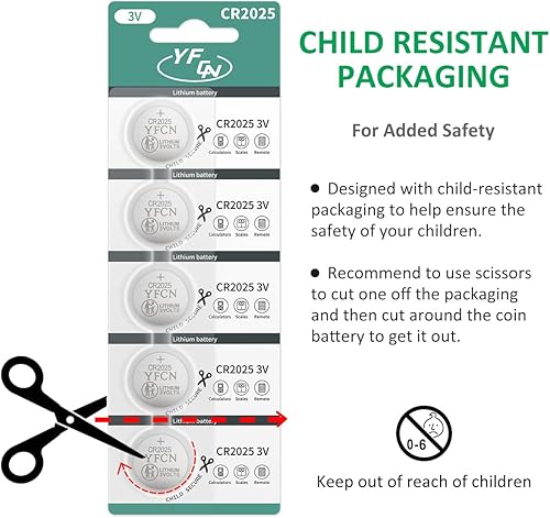 Miniatura 7 de YFCN Batería CR2025 de litio de 3 V, paquete de 5 unidades, pilas de botón de moneda CR 2025, 5 años de vida útil