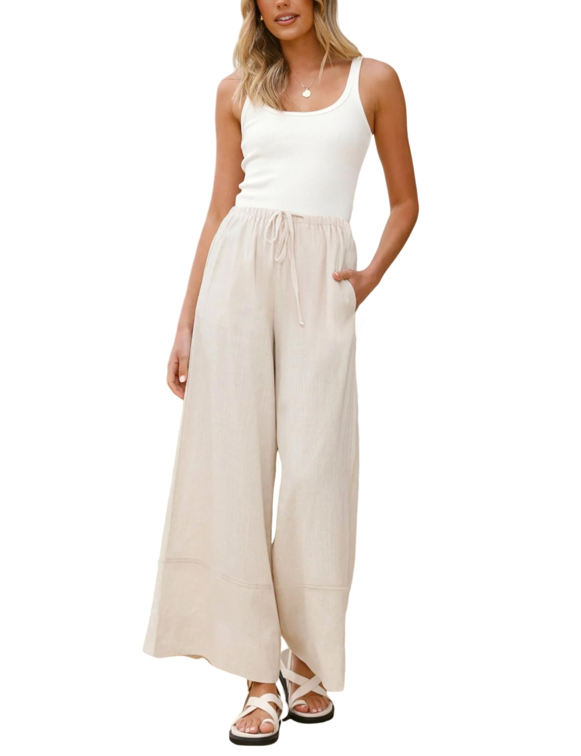 Athlisan Womens Summer Cotton Linen Palazzo Pants Baggy Wide Leg Lounge Trousers with Pockets