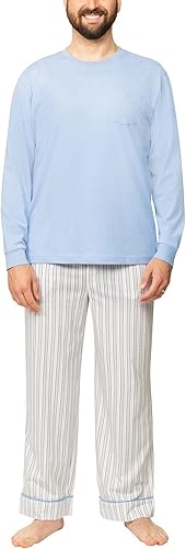 PajamaGram Pijama para hombre 100% algodón - Conjunto de manga larga de punto, pijamas para hombre
