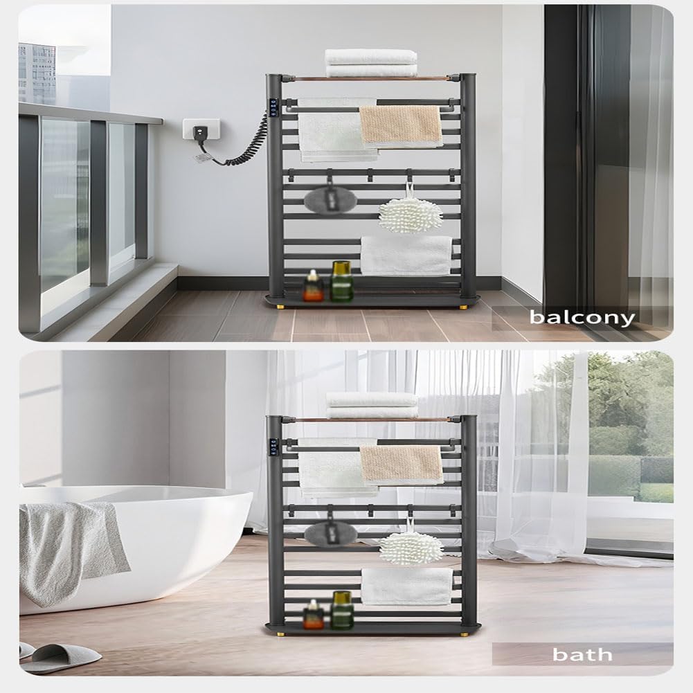 Modern Heated Towel Warmer Rack for Bathroom,Freestanding Electric Towel Heater with Hooks and Shelves,Timer&Temperature Adjustment,12 Bars Bath Towels Warming Holder,Left line