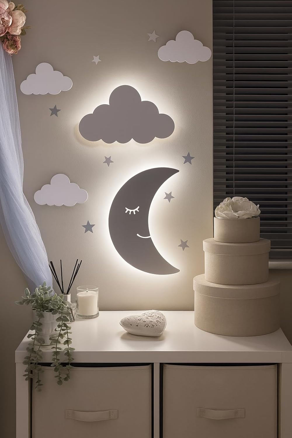 Cloud and Moon Night Light - Customized Wooden Wall Light for Kids Nursery