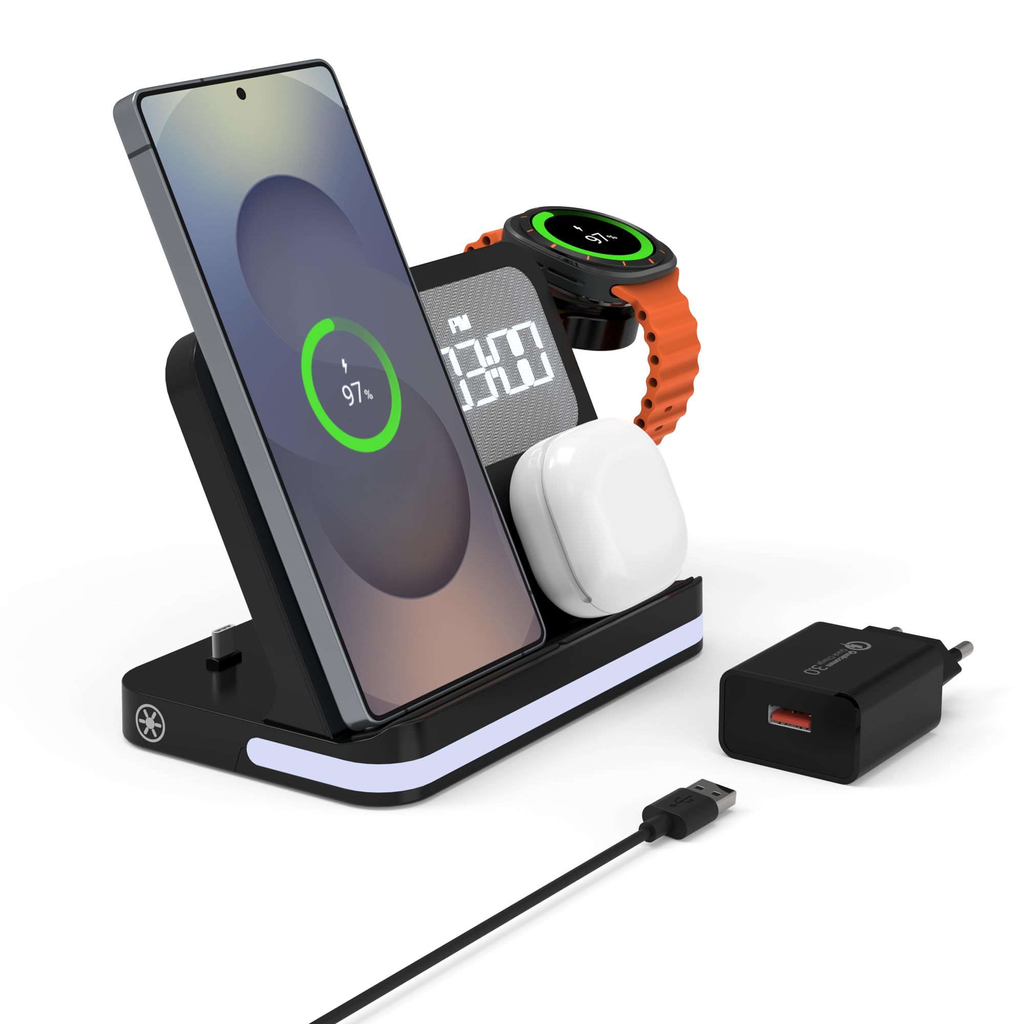 Stazione Ricarica per Samsung, 4 in 1 Wireless Sveglia Luce LED: Caricatore Comodino Rapido Compatibile Galaxy S25, Watch 7/Ultra/6, Buds 3 Pro