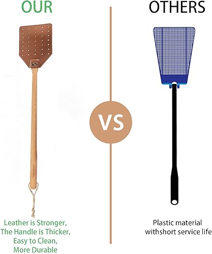 Miniatura 10 de DEBETOOL Paquete de 2 matamoscas de cuero resistente para interiores (19.7 pulgadas), matamoscas de madera resistente con cuerda para colgar,