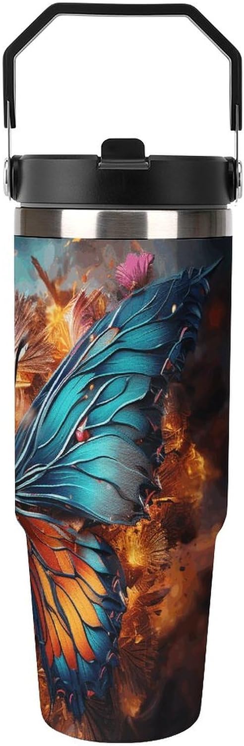 30oz Insulated Tumblers with Top Handle, Stainless Steel Color Butterfly Background Car Cup with Straw for Gift, Leak-Proof Double Wall Vacuum Travel Mug, Personalized Water Bottles Black