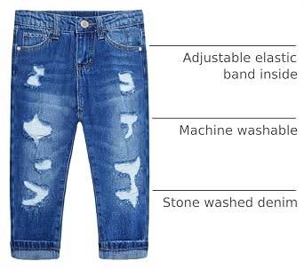KIDSCOOL SPACE Baby Girl Boy Jeans,Small Kid Elastic Band Inside Ripped Denim Pants
