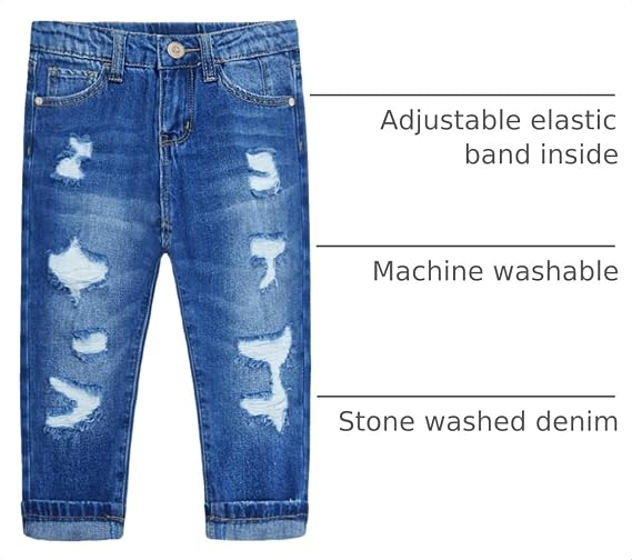 KIDSCOOL SPACE Baby Girl Boy Jeans,Small Kid Elastic Band Inside Ripped Denim Pants