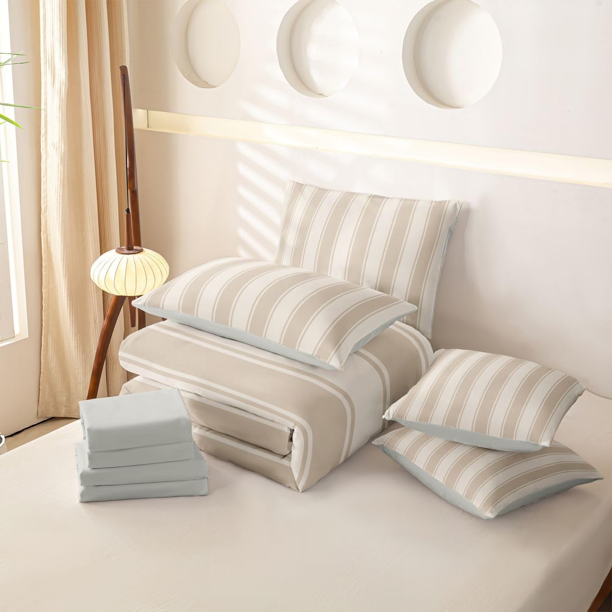 Homewish Set copripiumino king size a righe beige e marrone, 7 pezzi