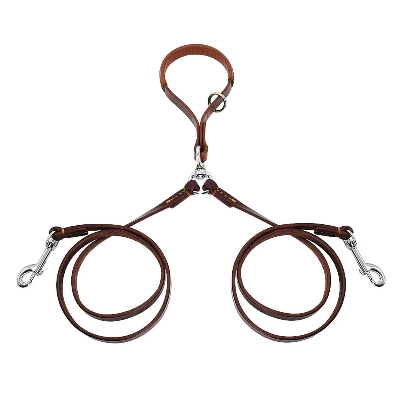 Laisse pour chien 2 voies double en cuir pour animal domestique avec coupleur anti-nœuds avec poignée pour la marche et le dressage de 2 chiens de petite et moyenne taille (noir)