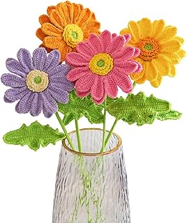 Handmade Gerbera Flowers, Crochet Gerbera Daisy Artificial Flowers, Knitted African Daisy for Wedding, Father’s Day, Home Decoration, 4 Pieces