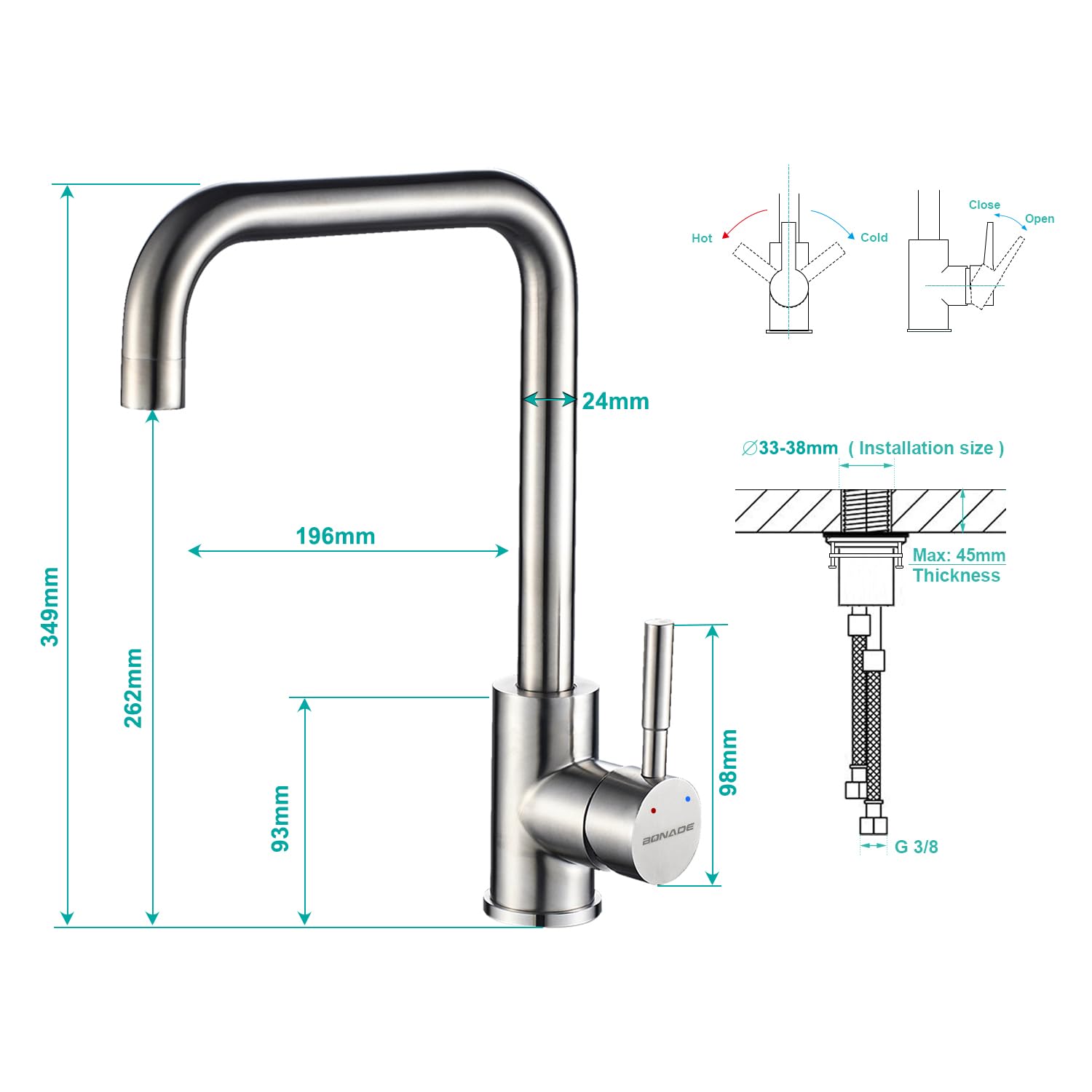 BONADE Grifo mezclador de acero inoxidable SUS304 de alta presión, giratorio 360°, grifo monomando apto para fregadero de cocina, cepillado