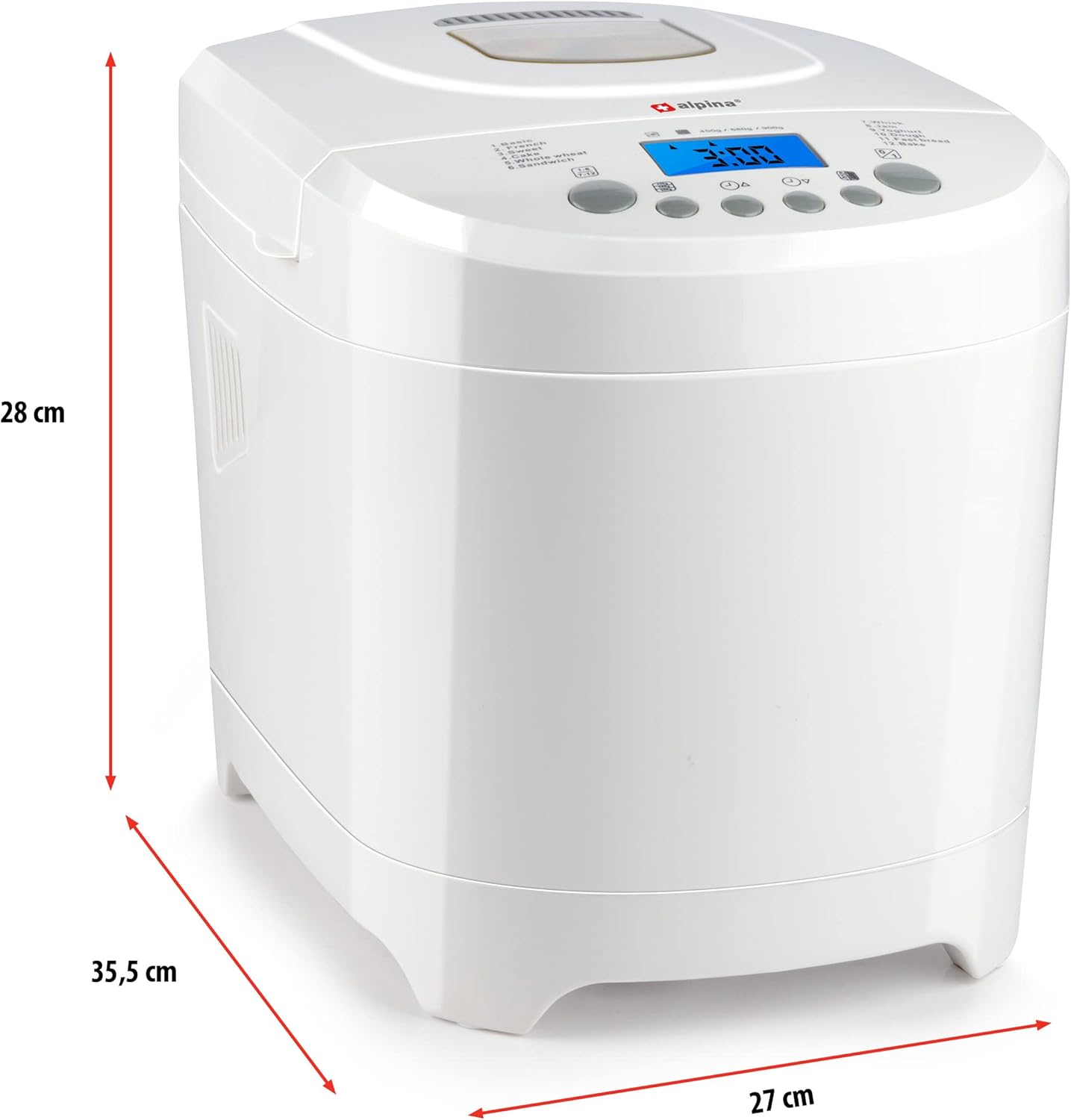 alpina Macchina per il pane – Macchina per il pane – Pane da piccole a grandi: 450 – 680 – 900 grammi – Timer – 12 programmi di cottura – anche per torte, marmellate e ketchup – 600 W alpina Macchina per il pane – Macchina per il pane – Pane da piccole a grandi: 450 – 680 – 900 grammi – Timer – 12 programmi di cottura – anche per torte, marmellate e ketchup – 600 W