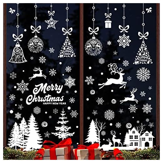 FullJoyHut 219 Stickers Noël Fenetre Blanc Réutilisable, Décoration Noël Fenetre Electrostatique PVC Flocon de Neige Sapin Père Autocollant Noel Fenetre Intérieur Deco Noel pour Porte Vitrine Verre