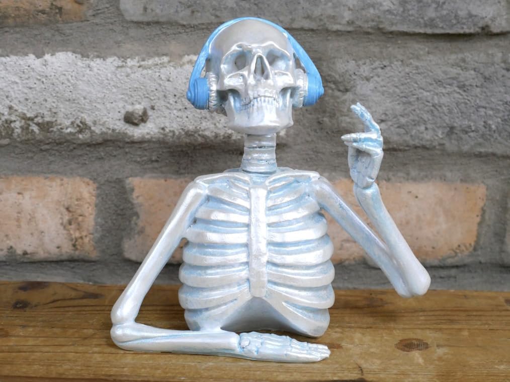 Skeleton With Headphones (Blue) Bust Ornament, Intricately Crafted Resin Tabletop Sculpture - Halloween Decor, Unique Home Decor for a Skeletal Touch!