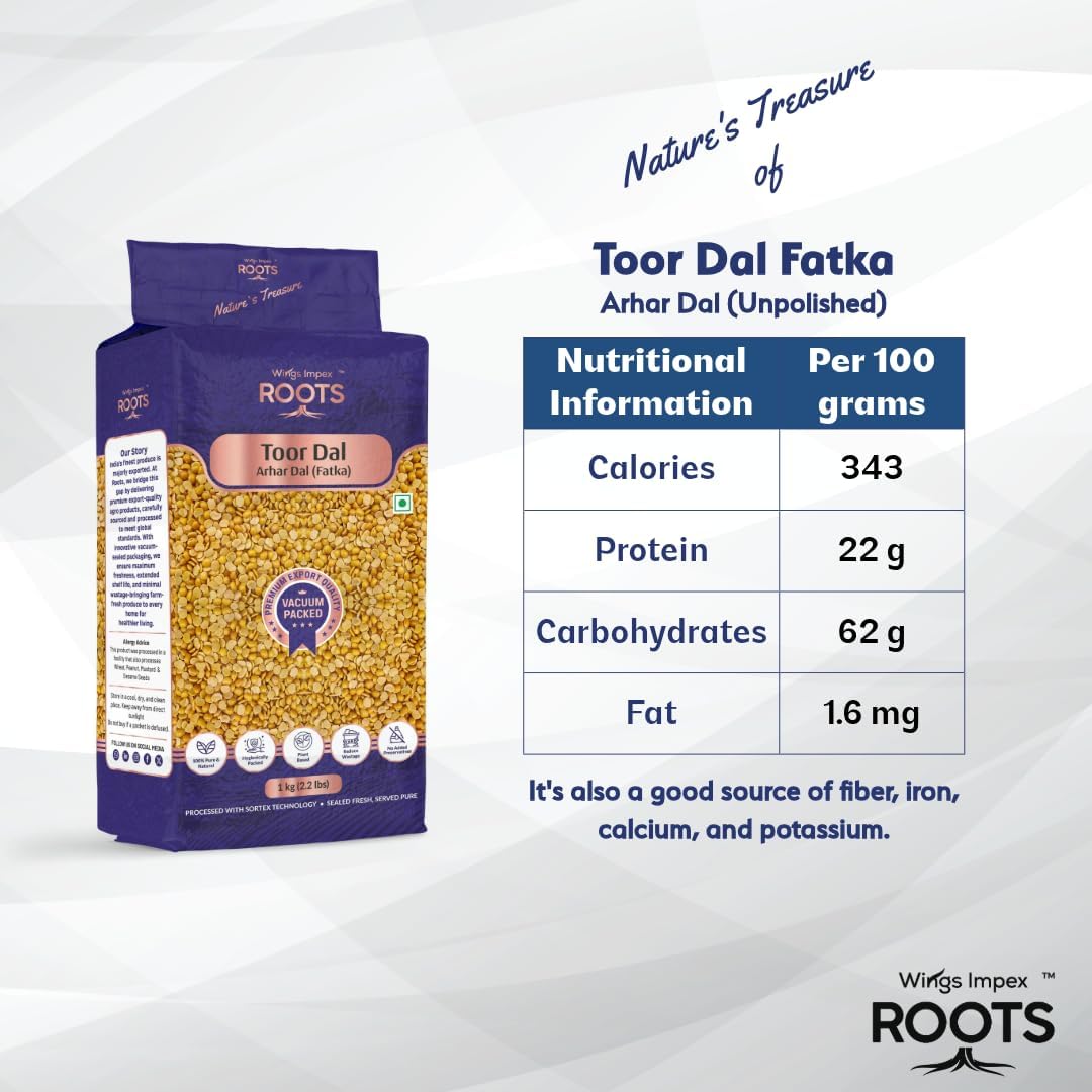 Roots Toor Dal Fatka 2 kg (1 kg - Pack of 2) | Premium Arhar Dal | Protein-Rich & Unpolished Dal | Hygienically Packed | Vacuum Packed - Image 2 thumbnail