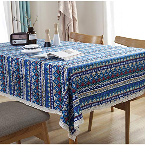 Bringsine Cotton Linen Lace Bohemian Boho Style Rectangle Tablecloth Dinner Picnic Table Cloth Home Decoration （Rectangle/Oblong, 55 x 71 Inch）