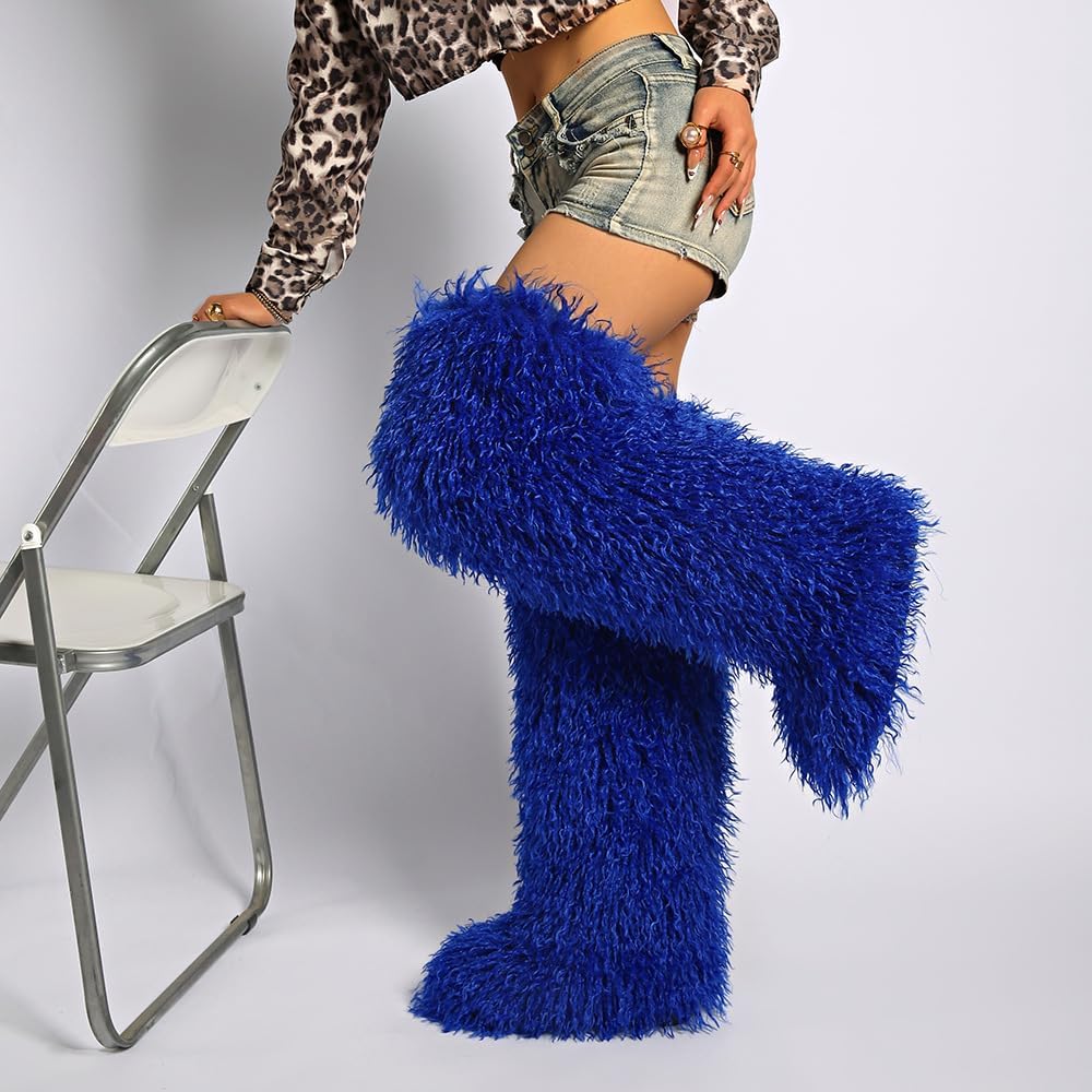 Women's Winter Fluffy Faux Fur Thigh High Snow Boots Tall Fuzzy Furry Mongolian Over the Knee Long Boots