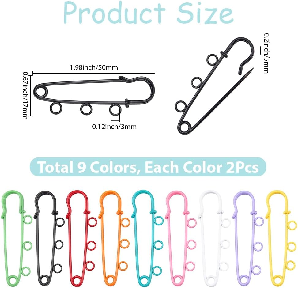 SUNNYCLUE 1 Box 18pcs 9 Colors Safety Pin Brooch Safety Brooch Kilt Pins Colorful Heavy Duty Iron Safety Fastener Kilt Badge Pin Bulk with 3 Loops for Jewelry Making Blankets Clothes DIY Accessories image 2