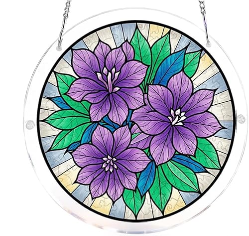Purple Flower & Green Leaves- Acrylic Jigsaw Puzzles Suncatcher, 8.2 Inch Window Hanging Suncatcher Acrylic Puzzle, DIY Home Decor Art Gift