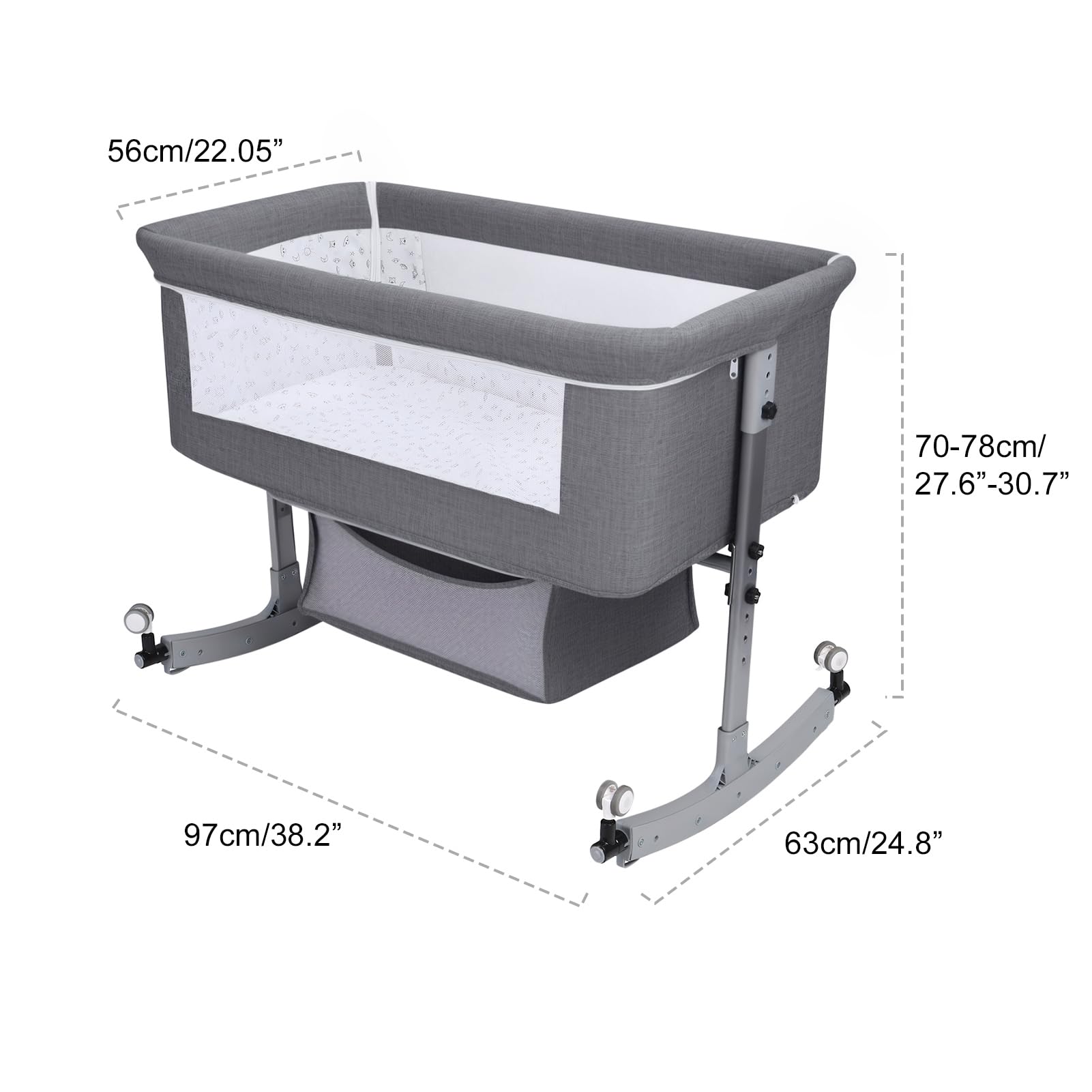Berceau Cododo Bébé Évolutif avec Moustiquaire, Lit Bébé Réglable en Hauteur et Bascule, Couffin avec Support et Roues Verrouillables – Gris