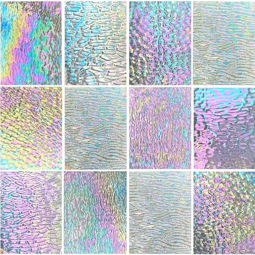 PALJOLLY 12 Sheets Iridescent Clear Stained Glass Sheet Variety Textures, 4 x 6 inch Transparent Cathedral Mosaic Glass for Crafts, Stained Glass Supplies for Art Glass Projects and Mosaic Work