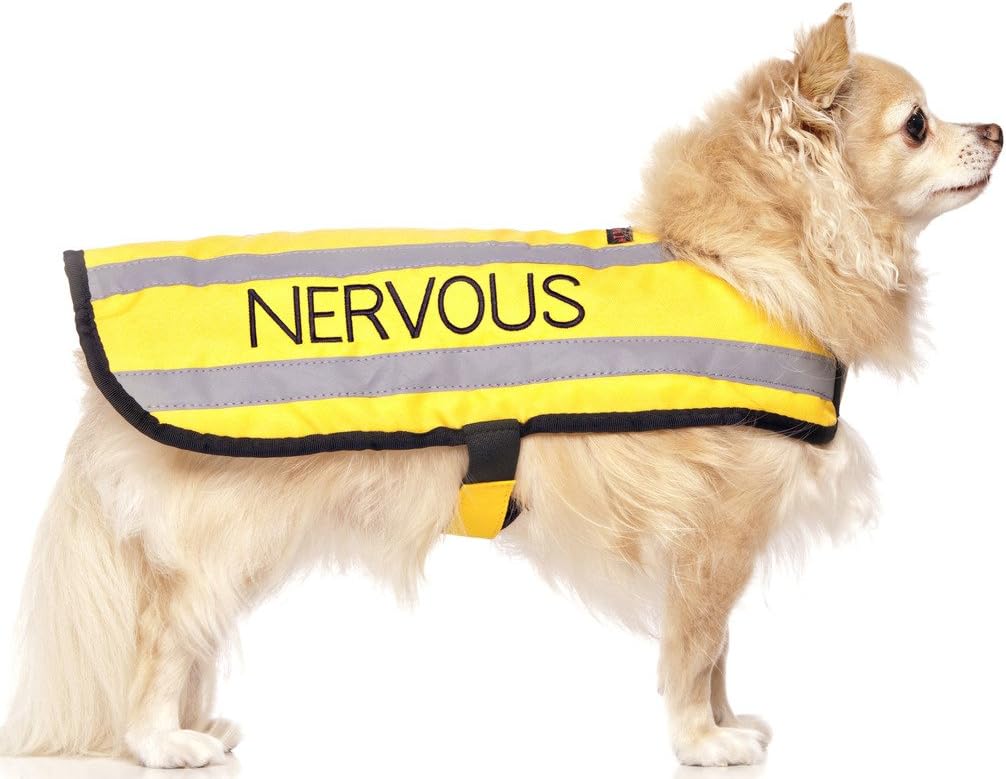DexilLimited Nervous Yellow Warm Dog Coats S-M M-L L-XL Waterproof Reflective Fleece Lined (Give Me Space) Prevents Accidents by Warning Others of Your Dog in Advance (S-M Back 12" (30cm)