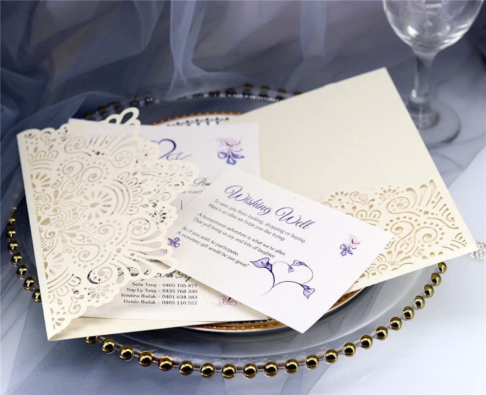 Lot de 25 cartes d'invitation de mariage découpées au laser avec enveloppes en papier vierges pour fête prénuptiale, fiançailles et anniversaire
