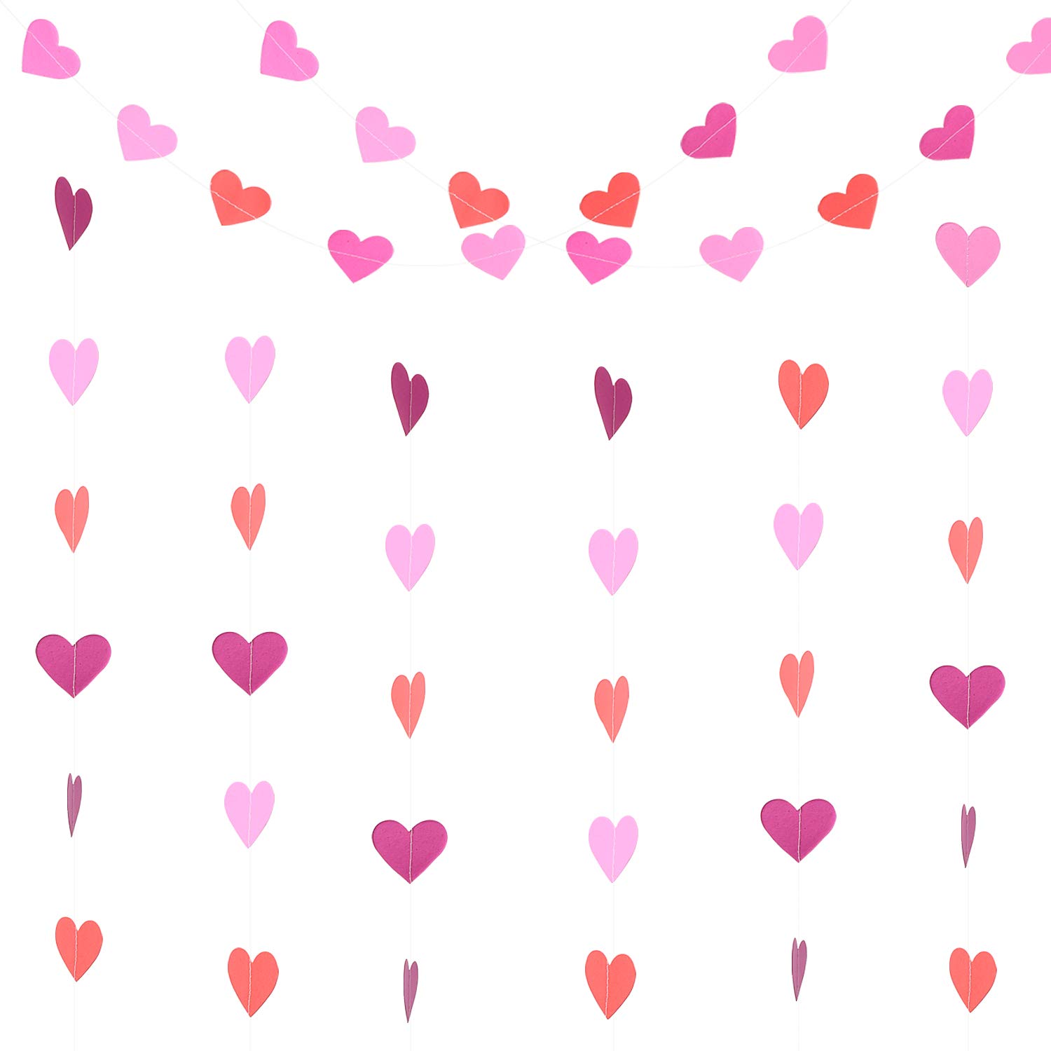 Paper Heart Garlands Heart Hanging Banner Bunting 2 Pack for Wedding Birthday Party Backdrop Decoration,10 Feet, Glitter Gold, White and Pink (Heart Hanging Banner-Red Rose Pink)