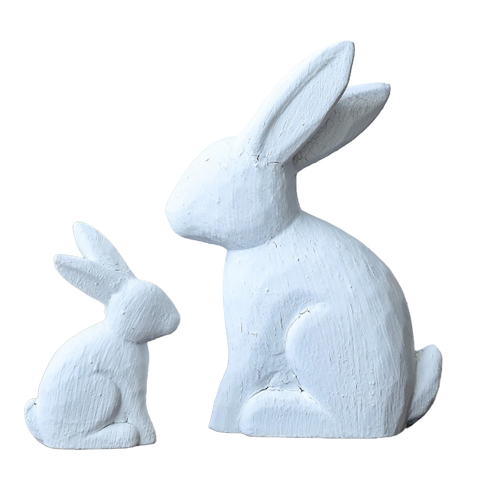 sugerou 2Pcs Distressed Rabbit Statue Vintage Bunny Figurines Easter Decor Rustic Wooden Sculptures for Home Farmhouse Mantel Tabletop Shelf Matte White Sandstone Texture White
