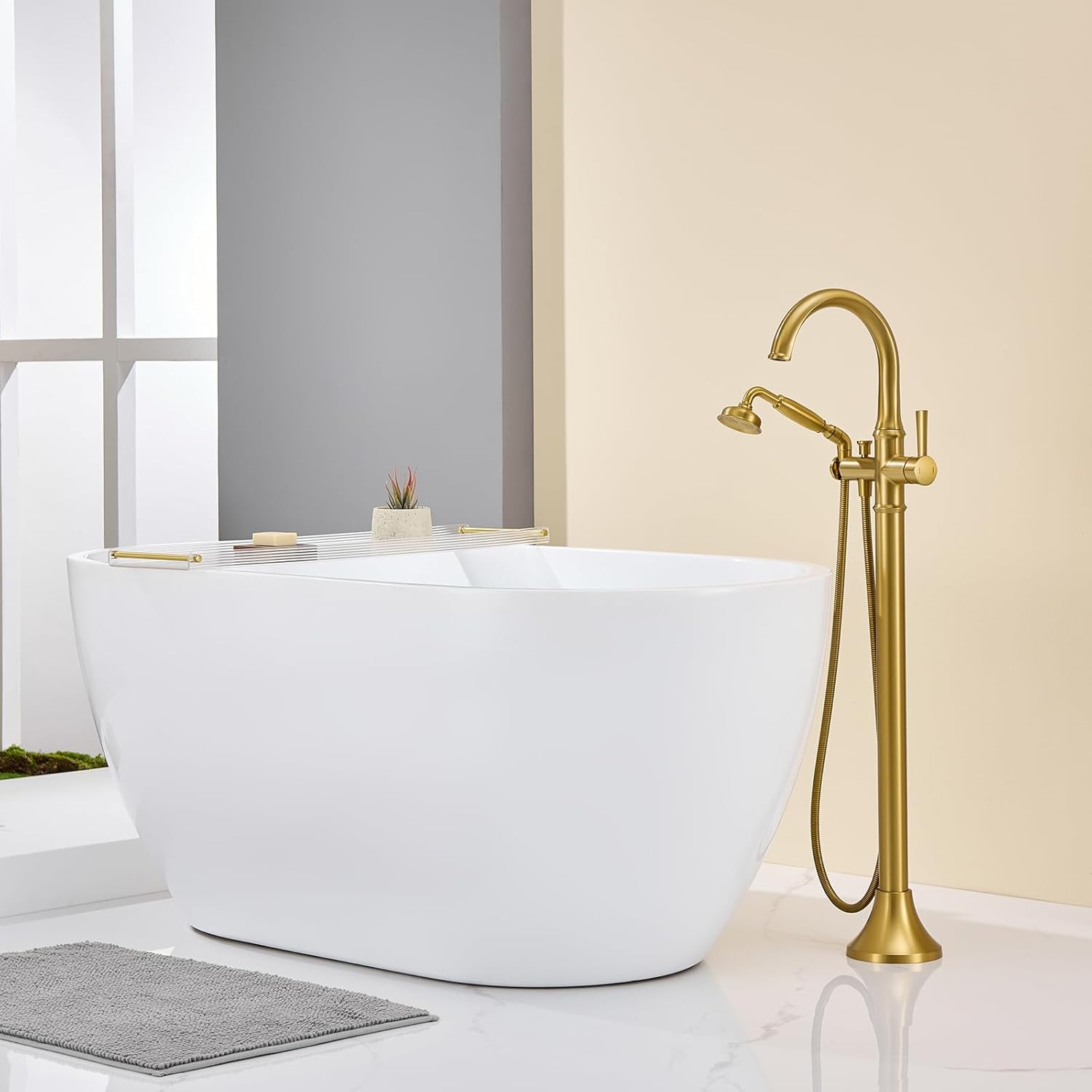 Free Standing Tub Faucet Brushed Gold Tub Filler Freestanding Bathtub Faucets Brass Tub Faucet with Hand Shower