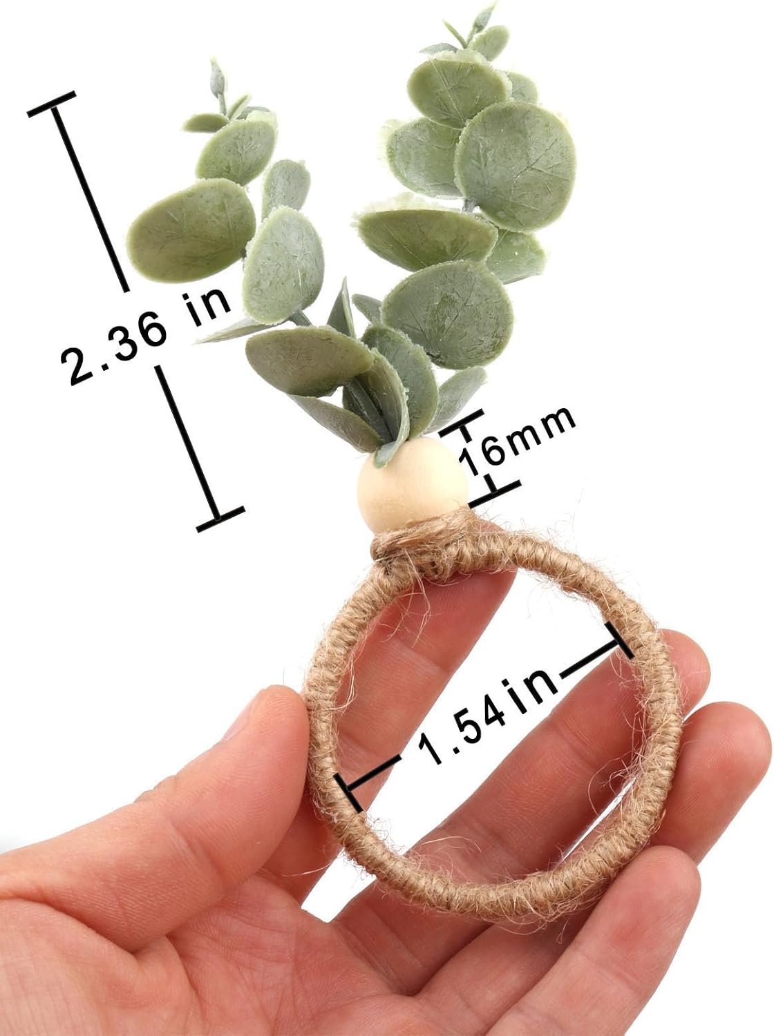 24 Pcs Napkin Rings with Artificial Eucalyptus Leaf Wood Bead Jute Rope for Christmas Farmhouse Wedding Home Dining Table Party Decoration