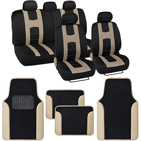 BDK CarXS Beige Car Seat Covers Full Set with Matching Set of Floor Mats for SUV & Truck – Truck Front Seats & Rear Bench Cover Seats Protector Car Mats Full Set Interior Seat Covers