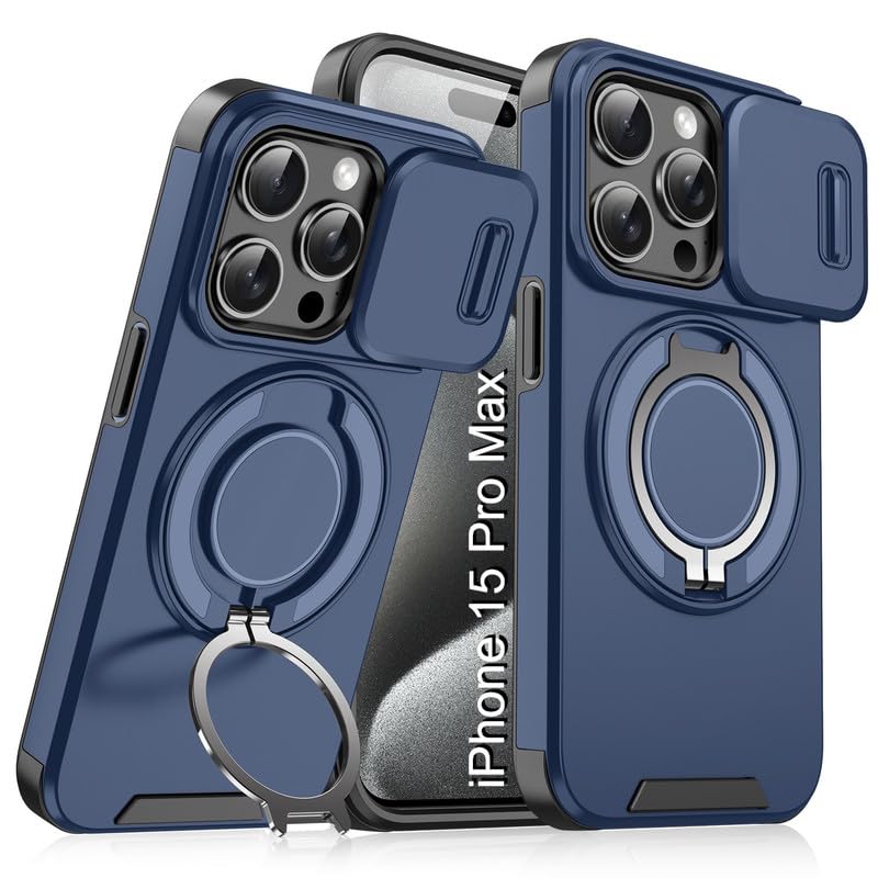 Image of LuxuryKase Shockproof Rugged Case for iPhone 15 Pro Max | Slide Camera Cover | 360 Rotating Ring Kickstand | Military-Grade Protection - Navy Blue