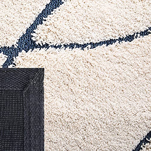 Image of Geometric Wave Shaggy Rectangular Carpet For Living Room,Bedroom,High Low Design Finish Microfiber 1.8 Inch Pile High,5X7 Feet Ivory|Blue Color