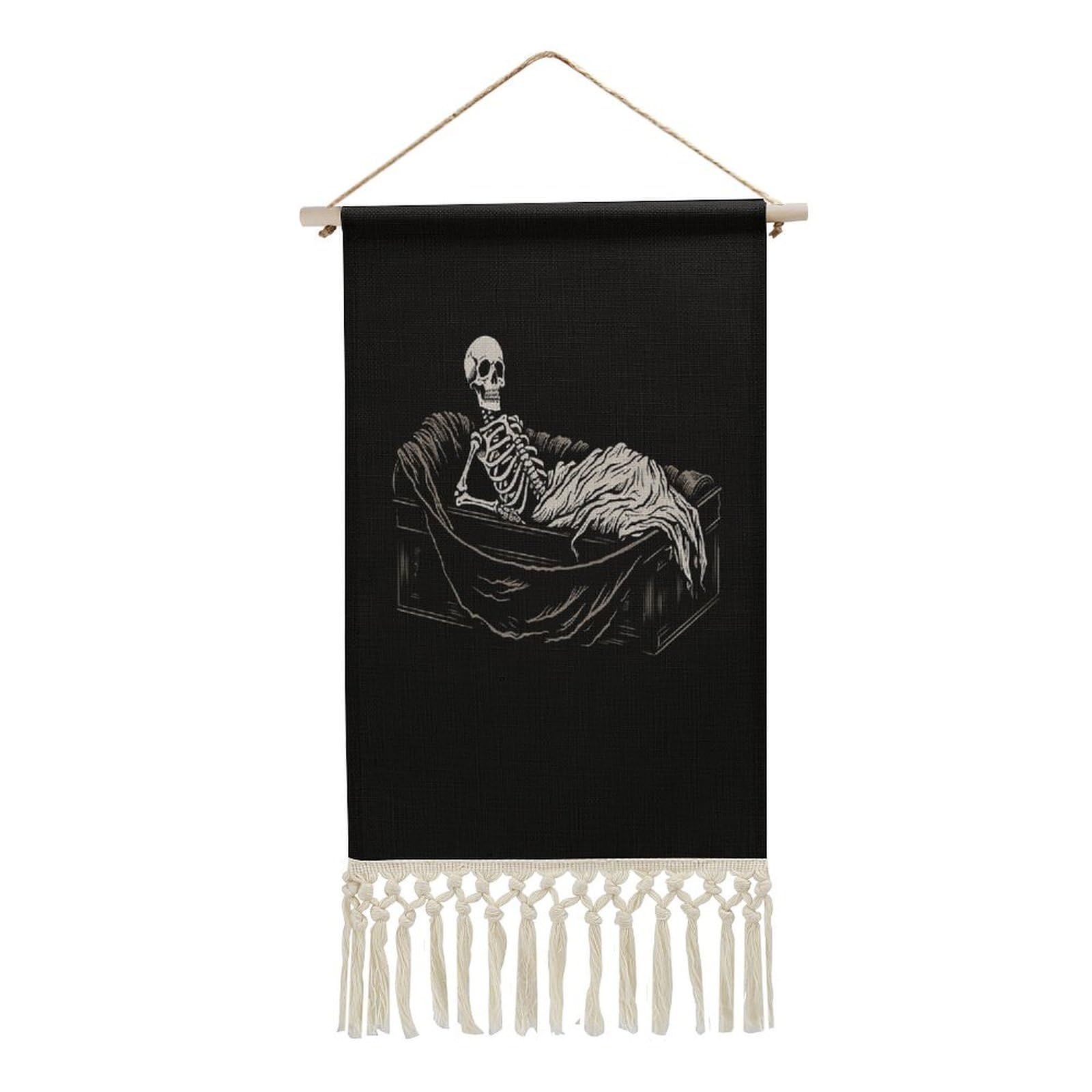 Adfgyerh Style Skeleton In The Coffin Tapestry With Tassels Cotton And Linen Hanging Posters, Wall Art For Travel Gift, Wall Tapestry For Office Home Decor Bedroom Living Room Decor