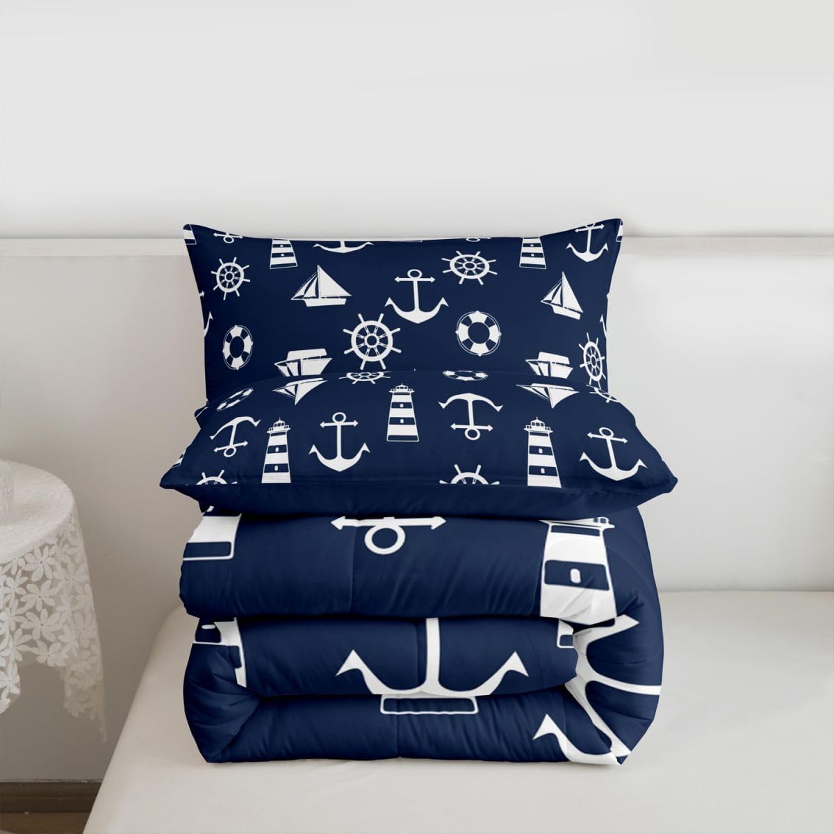 Feelyou Nautical Bedding Set,Kids Boys Girls King Size Sailboat and Anchor Print Comforter Set,Ultra Soft Ships Lighthouse Compass Comforter,Ocean Themed Duvet Quilt,Bedroom Decor Quilt