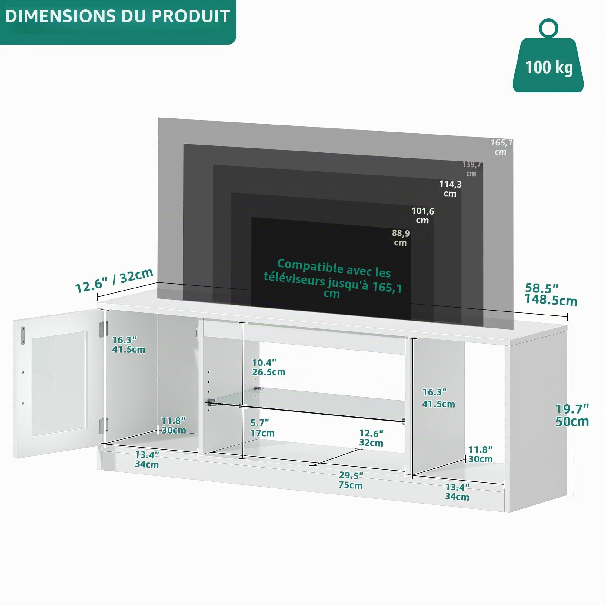 YITAHOME 148 cm Meuble TV pour TV jusqu'à 65 Pouces avec 7 LED RGB 22 Modes lumières TV Game Entertainment Center TV Low Board avec étagère en Verre réglable