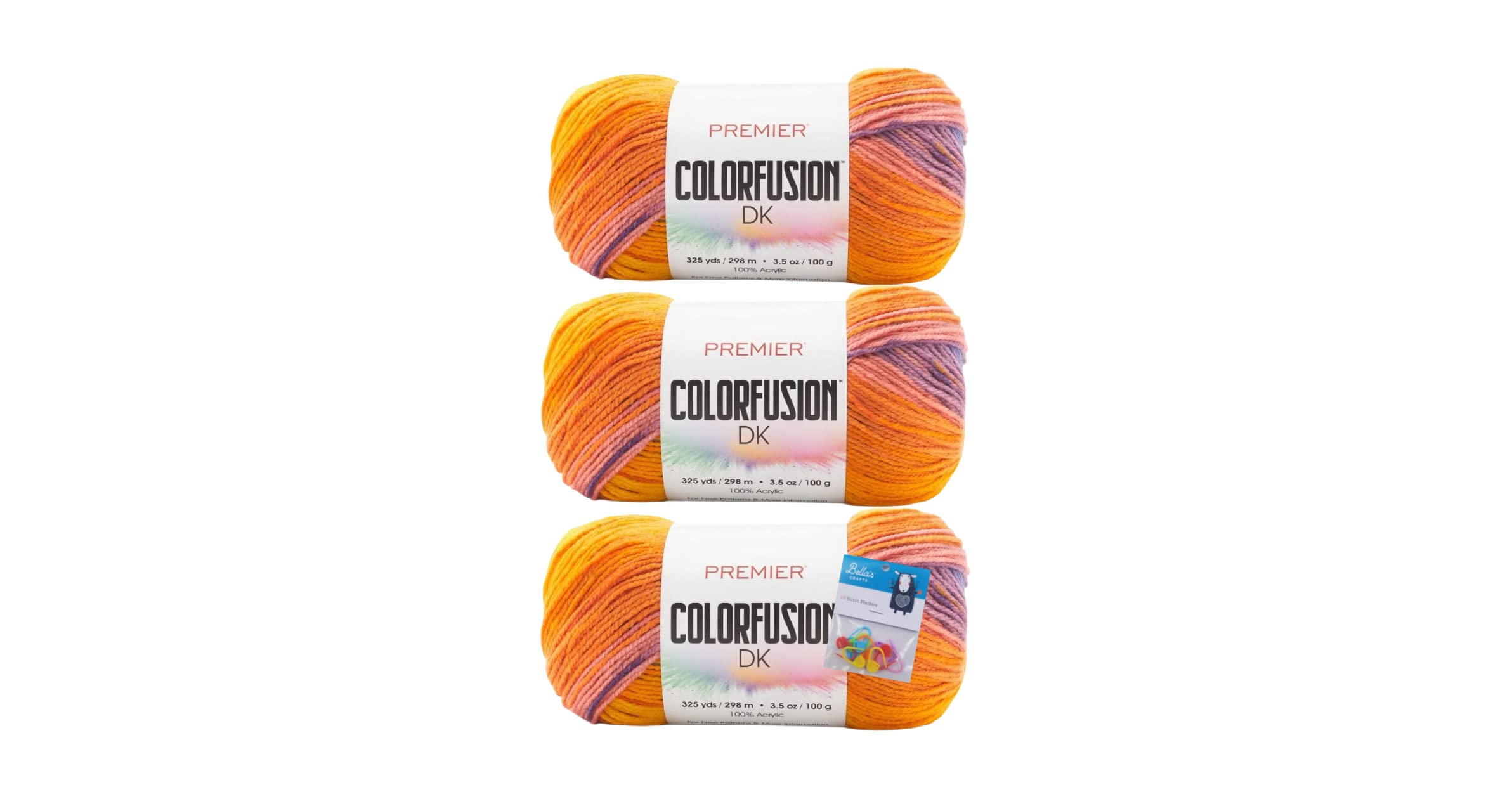 Bella's CraftsPremier Yarn Colorfusion DK - 3.5 Oz - #3 Light Weight - 3-Pack Bundle with Stitch Markers (Tropical)