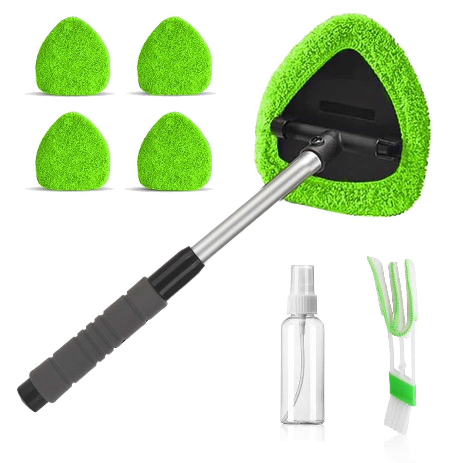 Windshield Cleaner Tool, Windshield Wiper Tools for Interior & Exterior Glass Cleaning - 4 Reusable Microfiber Pads Car Window Cleaner Kit with Extendable Handle for Trucks SUVs RVs & Home Use