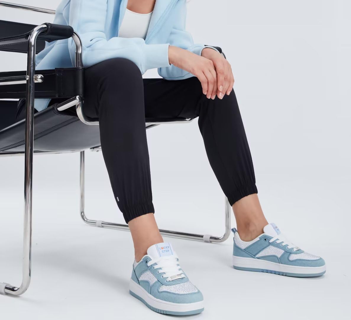 LUCKY STEP Women Fashion Sparkle Rhinestone Sneakers White Leather Low Top Tennis Shoes Lace Up Casual Comfortable Walking Shoe - Image 6