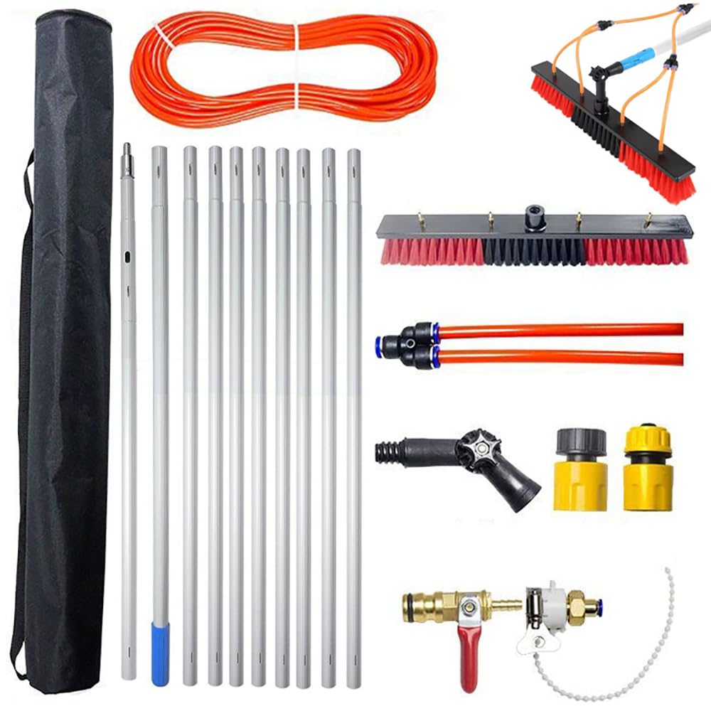 Perche Telescopique à Eau 10m avec Brosse Flexible 55cm | Tête Orientable à 180° | INCL. Flexible Antigel 20m et Accessoires,avec Sac de Rangement| pour Panneaux Solaires,Vitres,Camping-Cars,Bateaux