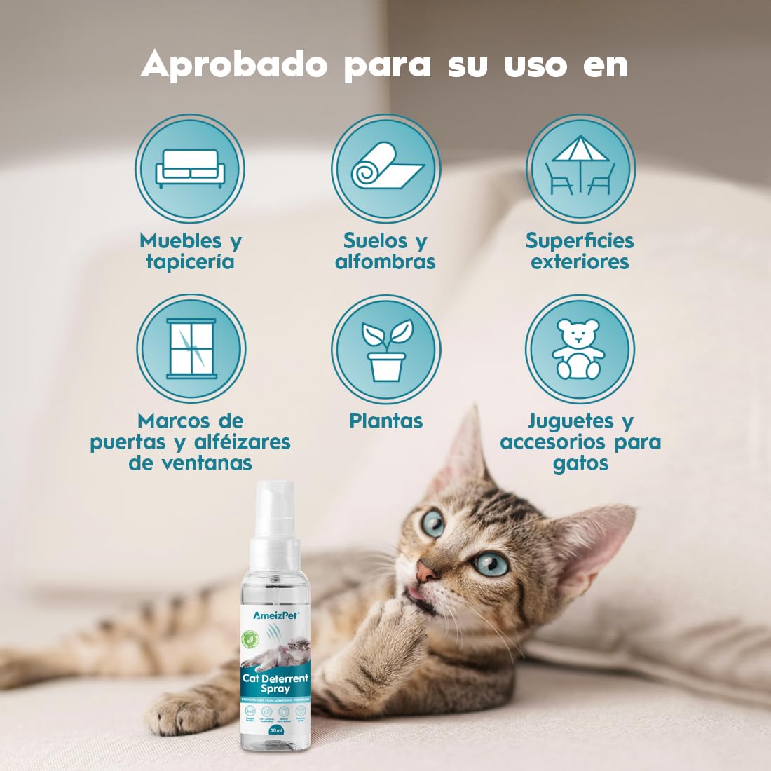 AmeizPet Spray Antiarañazos Gatos, Evita Que Los Gatos Arañen Muebles, Alfombras, Cortinas y Plantas, Ahuyentador de Gatos y Gatitos Exterior e Interior, 50 ml (1.69 Oz)