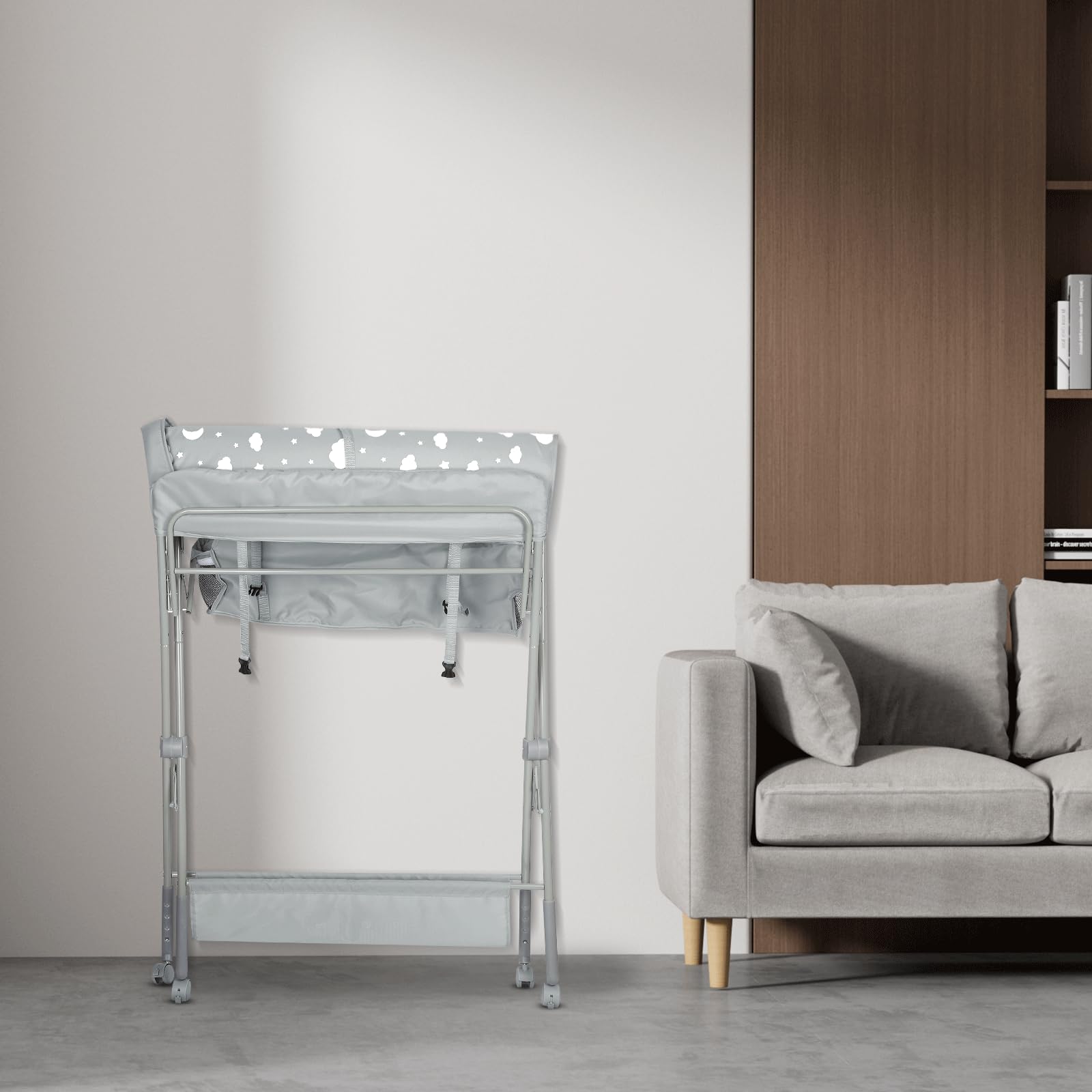 Cambiador Bebé, Cambiador Plegable Bebe, Tela Impermeable y Fácil de Limpiar, Cambiador Bebe Gran Espacio de Almacenaje, Tela Oxford, 4 Ruedas con Freno-80 * 58 * 90cm-gris claro