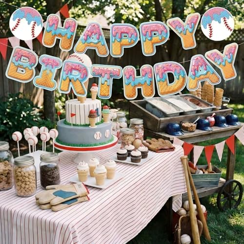 Image of Supervitae Happy Birthday Banner Baseball, Baseball Ice Cream Drip Birthday Banner, Baseballs Party Hanging Decorations Sport Theme Party Supplies for Sport Parties Favors Decoration