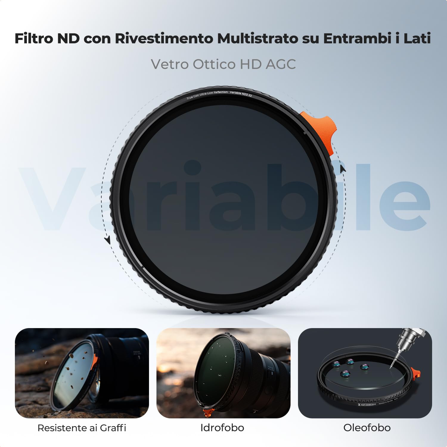 K&F CONCEPT Nano-Xcel 82MM ND2-32 Variabile Filtro True Color & Riflettività Ultrabassa，Filtri Densità Neutra ND2-32(1-5 Stops）in Vetro Ottico con 28 Strati Nano Rivestimento
