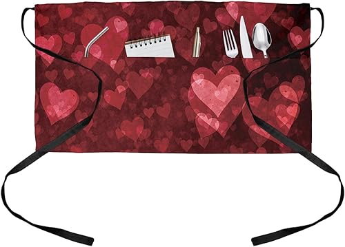 Delantal romántico de camarera con relleno de corazón rojo con 3 bolsillos, delantales de servidor, delantales de servidor, impermeables, para