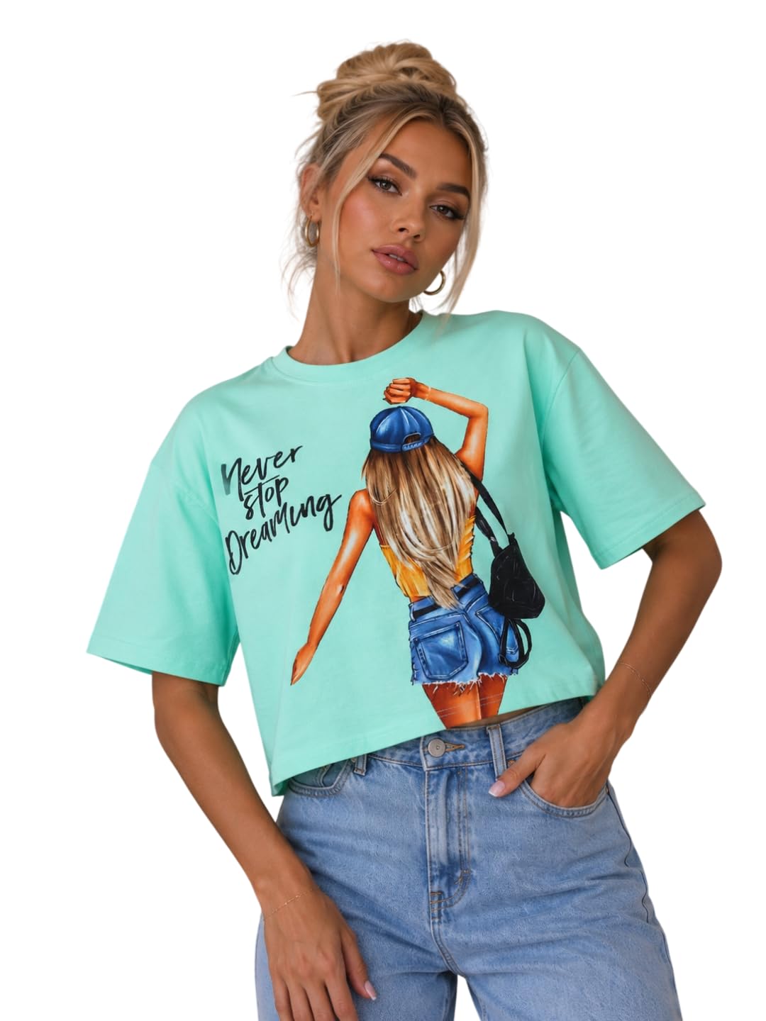 Oversized T-Shirt for Womens || Graphic Front Printed Loose fit Womens Tshirt(Light Blue,M)-image-28