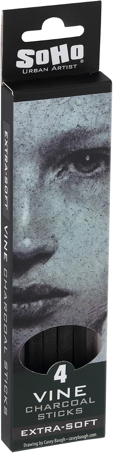 Soho Urban Artist Vine Charcoal - Drawing Charcoal for Artists, Students, Blending, Live Figure Drawing, & More! - [Black - Extra Soft - 4 Pack]