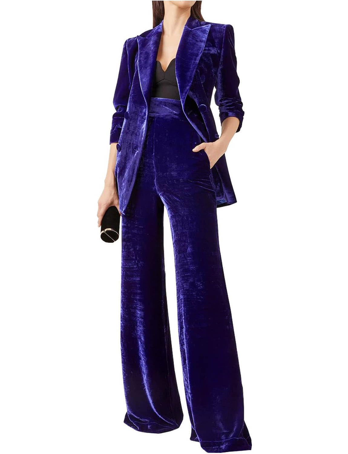 Donna Velluto Due Pezzi Vestito Picco Risvolto Smoking Giacca Pantaloni Set Casual Quotidiano